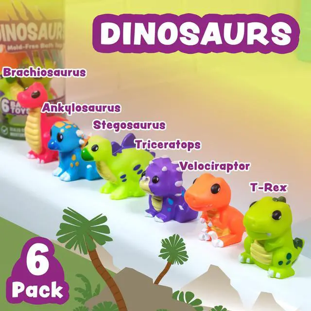 Alt view image 3 of 7 - Dinosaur Mold Free Bath Toys, 6 Pack | Sealed, No Hole Bath Toys Design Keeps Moisture Out | Soft, Squeezable & Float on Water | Easy-Grip Baby & Toddler Bath Toy Set | Great Baby Pool Toys