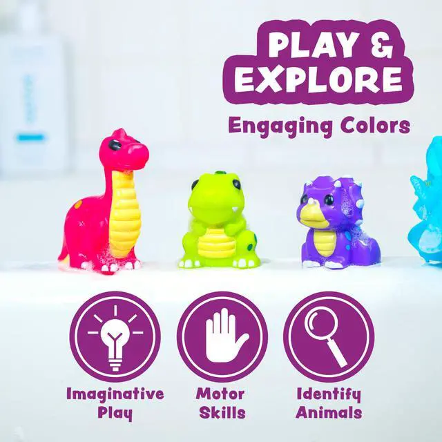 Alt view image 7 of 7 - Dinosaur Mold Free Bath Toys, 6 Pack | Sealed, No Hole Bath Toys Design Keeps Moisture Out | Soft, Squeezable & Float on Water | Easy-Grip Baby & Toddler Bath Toy Set | Great Baby Pool Toys