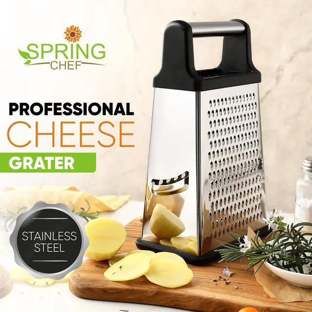 Alt view image 2 of 7 - Professional Cheese Grater - Stainless Steel, XL Size, 4 Sides - Perfect Box Grater for Parmesan Cheese, Vegetables, Ginger - Dishwasher Safe - Black