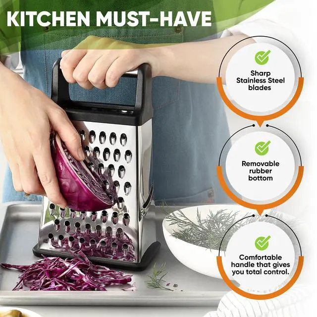 Alt view image 3 of 7 - Professional Cheese Grater - Stainless Steel, XL Size, 4 Sides - Perfect Box Grater for Parmesan Cheese, Vegetables, Ginger - Dishwasher Safe - Black