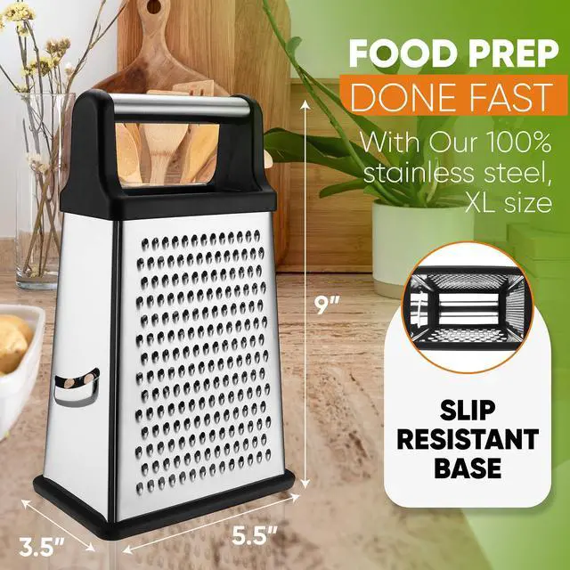 Alt view image 4 of 7 - Professional Cheese Grater - Stainless Steel, XL Size, 4 Sides - Perfect Box Grater for Parmesan Cheese, Vegetables, Ginger - Dishwasher Safe - Black