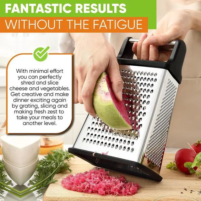 Alt view image 7 of 7 - Professional Cheese Grater - Stainless Steel, XL Size, 4 Sides - Perfect Box Grater for Parmesan Cheese, Vegetables, Ginger - Dishwasher Safe - Black