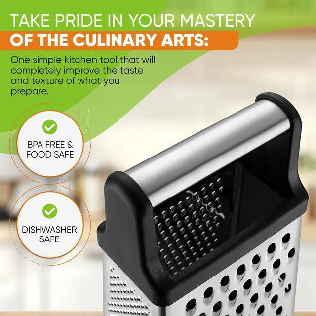 Alt view image 5 of 7 - Professional Cheese Grater - Stainless Steel, XL Size, 4 Sides - Perfect Box Grater for Parmesan Cheese, Vegetables, Ginger - Dishwasher Safe - Black