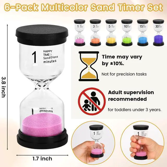Alt view image 2 of 6 - Sand Timers Set, 6PCS Colorful Hourglass Sandglass Timer 1/3/5/10/15/30 Minutes Sand Clock Timer for Games Classroom Kitchen Cooking Office