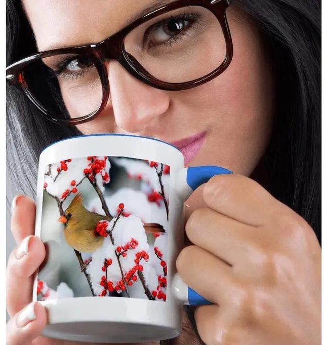 Alt view image 2 of 7 - Northern Cardinal on Common Winterberry, Marion, Illinois, USA. 15oz Two-Tone Blue Mug