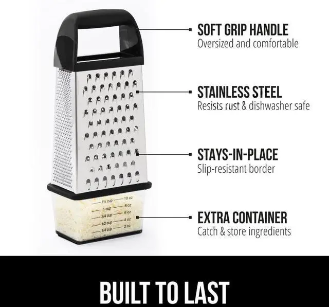 Alt view image 2 of 7 - XL 4-Sided Stainless Steel Cheese Grater With Measurement Container, BPA-Free Box Grater, Slip Resistant Base, Grate Hard Parmesan, Shred Veggies, Zest Citrus, Dishwasher Safe, Black