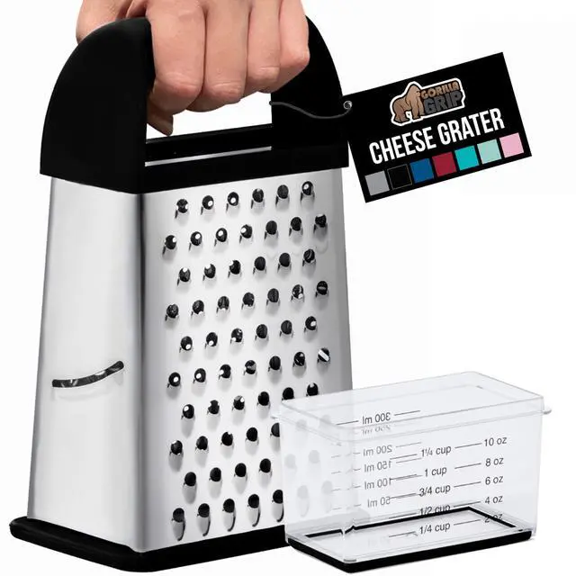 Main image of XL 4-Sided Stainless Steel Cheese Grater With Measurement Container, BPA-Free Box Grater, Slip Resistant Base, Grate Hard Parmesan, Shred Veggies, Zest Citrus, Dishwasher Safe, Black