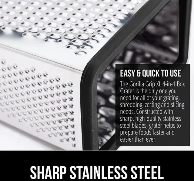 Alt view image 4 of 7 - XL 4-Sided Stainless Steel Cheese Grater With Measurement Container, BPA-Free Box Grater, Slip Resistant Base, Grate Hard Parmesan, Shred Veggies, Zest Citrus, Dishwasher Safe, Black