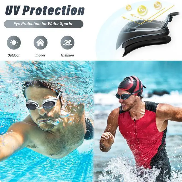 Alt view image 6 of 6 - Swimming Goggles 2 Pack Anti Fog Goggles Swimming UV Protection Fit for Adult Men Women Youth Junior, No Leaking Soft Silicone Seal Flat Lens Clear Vision, 3 Sizes of Nose Bridge