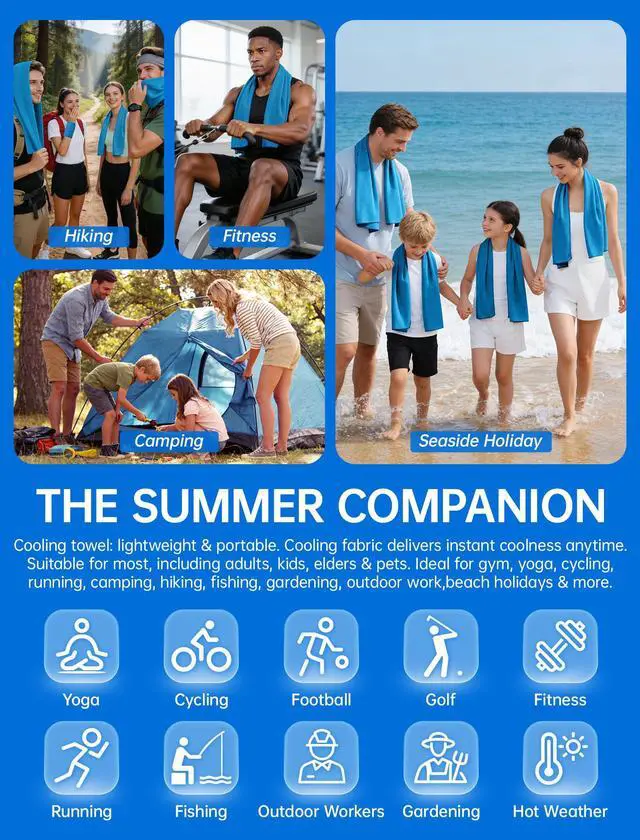 Alt view image 5 of 7 - Cooling Towels for Neck and Face: Instant Cool Towel for Hot Weather UPF 50 Quick Dry Microfiber Sweat Towel for Gym Sports Workout Travel - 40"x12", 4 Packs Multicoloured