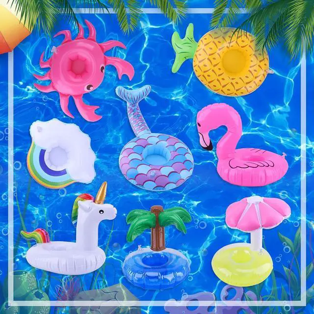 Alt view image 2 of 6 - Inflatable Drink Floats, Blovec 8 Pack Inflatable Drink Holders Cup Coasters Swimming Drink Holder with Air Pump for Summer Pool Party
