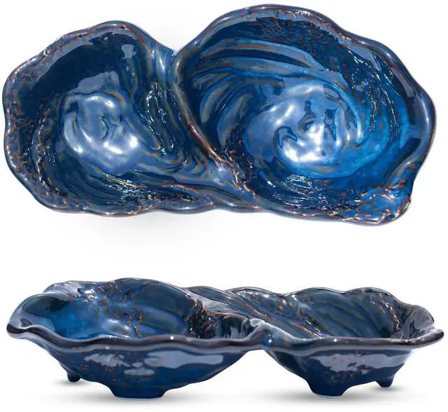 Main image of Ceramic Divided Decorative Bowl (1-Pc) - Peanut 2-Compartment Dish for Key Catchall Jewelry Organizer, Soap Sponge Holder for Bathroom, Fruit Snack Berry Serving TrayBlue Glaze