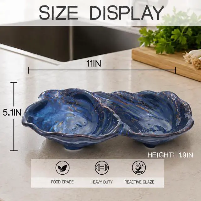 Alt view image 2 of 7 - Ceramic Divided Decorative Bowl (1-Pc) - Peanut 2-Compartment Dish for Key Catchall Jewelry Organizer, Soap Sponge Holder for Bathroom, Fruit Snack Berry Serving TrayBlue Glaze
