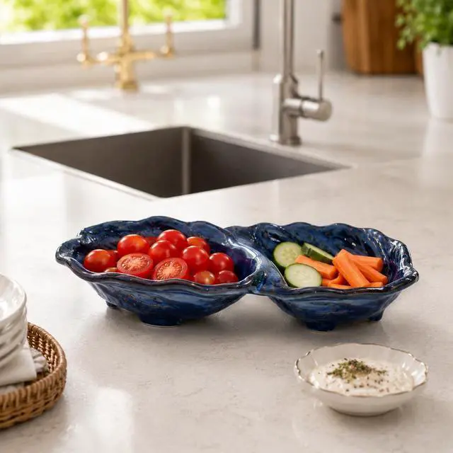Alt view image 4 of 7 - Ceramic Divided Decorative Bowl (1-Pc) - Peanut 2-Compartment Dish for Key Catchall Jewelry Organizer, Soap Sponge Holder for Bathroom, Fruit Snack Berry Serving TrayBlue Glaze