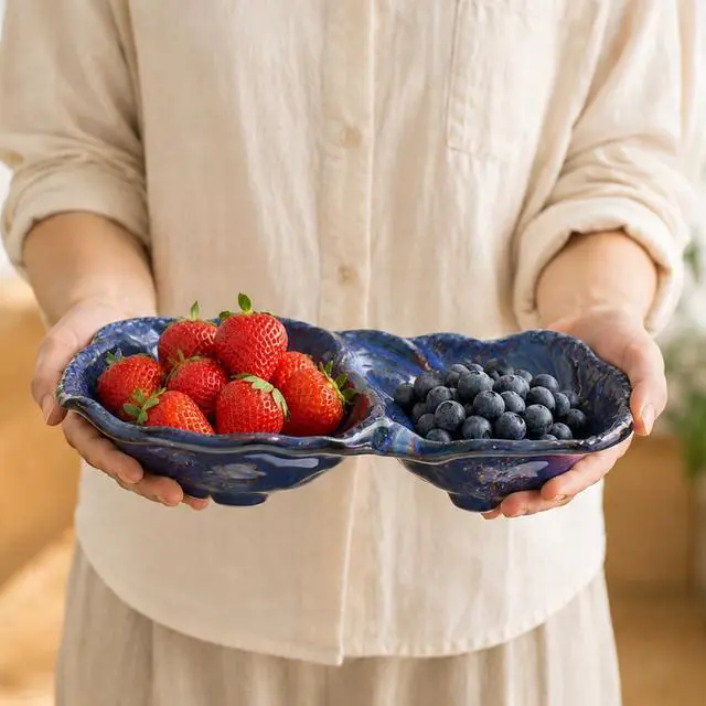Alt view image 3 of 7 - Ceramic Divided Decorative Bowl (1-Pc) - Peanut 2-Compartment Dish for Key Catchall Jewelry Organizer, Soap Sponge Holder for Bathroom, Fruit Snack Berry Serving TrayBlue Glaze