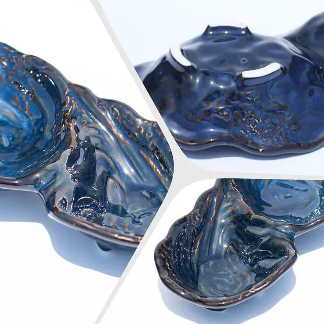 Alt view image 5 of 7 - Ceramic Divided Decorative Bowl (1-Pc) - Peanut 2-Compartment Dish for Key Catchall Jewelry Organizer, Soap Sponge Holder for Bathroom, Fruit Snack Berry Serving TrayBlue Glaze