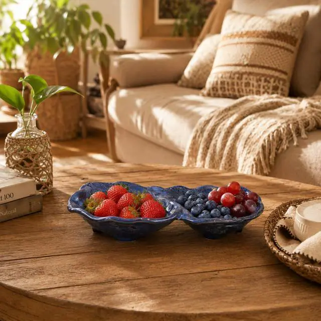 Alt view image 6 of 7 - Ceramic Divided Decorative Bowl (1-Pc) - Peanut 2-Compartment Dish for Key Catchall Jewelry Organizer, Soap Sponge Holder for Bathroom, Fruit Snack Berry Serving TrayBlue Glaze