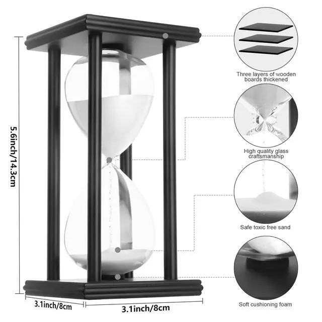 Alt view image 3 of 7 - Hourglass Sand Timer,Black Wooden 30/45/60 Minute Sandglass Timer for Home,Desktop,Classroom Kitchen Restaurant Office Living Room Decor (30 Min, White Sand)