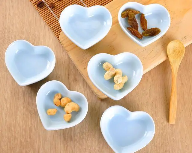 Alt view image 5 of 7 - Blue Love Heart Shaped Ceramic Side Dish Bowl, Contemporary Porcelain Side Dishes Bowl, Seasoning Dishes Soy Dipping Sauce Dishes for Wedding Birthday Party- Set of 6