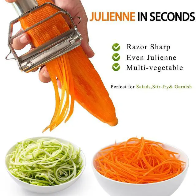 Alt view image 4 of 6 - Potato Apple Vegetable Peeler Julienne Peeler for Kitchen - 3 in 1 Y Peeler for Fruit Veggie Carrot Cucumber Zucchini, Sharp Stainless Steel Peeler with Cleaning Brush