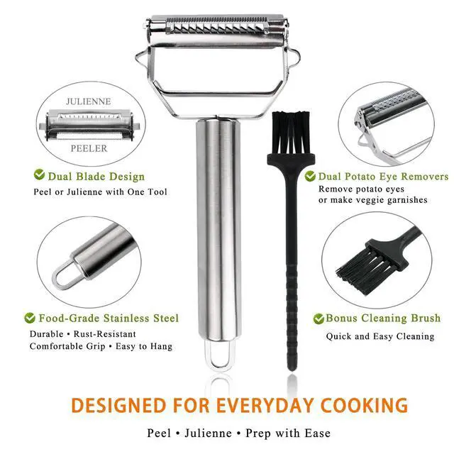 Alt view image 6 of 6 - Potato Apple Vegetable Peeler Julienne Peeler for Kitchen - 3 in 1 Y Peeler for Fruit Veggie Carrot Cucumber Zucchini, Sharp Stainless Steel Peeler with Cleaning Brush