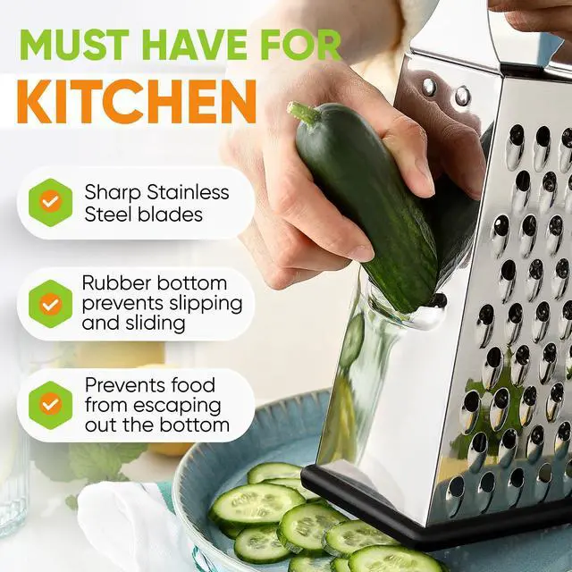 Alt view image 4 of 7 - Professional Large Parmesan Cheese Grater, Stainless Steel Metal Box Grater with Handle, 4 Sided Handheld Kitchen Food Shredder for Cheese, Carrot, Veggie, Ginger, Potato - Dishwasher Safe