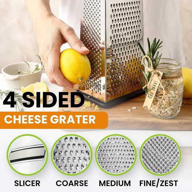 Alt view image 6 of 7 - Professional Large Parmesan Cheese Grater, Stainless Steel Metal Box Grater with Handle, 4 Sided Handheld Kitchen Food Shredder for Cheese, Carrot, Veggie, Ginger, Potato - Dishwasher Safe