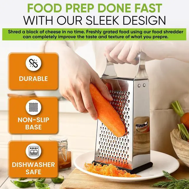 Alt view image 5 of 7 - Professional Large Parmesan Cheese Grater, Stainless Steel Metal Box Grater with Handle, 4 Sided Handheld Kitchen Food Shredder for Cheese, Carrot, Veggie, Ginger, Potato - Dishwasher Safe