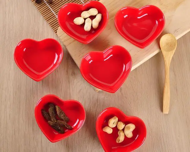 Alt view image 5 of 7 - Red Love Heart Shaped Ceramic Side Dish Bowl, Contemporary Porcelain Side Dishes Bowl, Seasoning Dishes Soy Dipping Sauce Dishes for Wedding Birthday Party- Set of 6