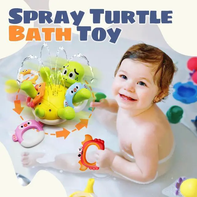 Alt view image 3 of 7 - Baby Bath Toys, Rechargeable Turtle Bath Toy Sprinkler for Toddler with 5 Rings, Bathtub Fountain Spray Toy,Pool Water Bath Toys for Kids Ages 1-3, Boys Outdoor Water Table Toy Birthday Gifts