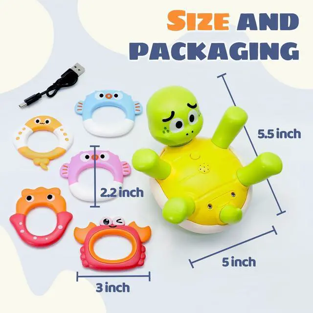 Alt view image 6 of 7 - Baby Bath Toys, Rechargeable Turtle Bath Toy Sprinkler for Toddler with 5 Rings, Bathtub Fountain Spray Toy,Pool Water Bath Toys for Kids Ages 1-3, Boys Outdoor Water Table Toy Birthday Gifts
