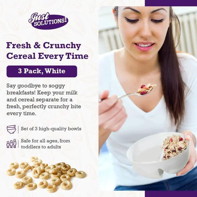 Alt view image 2 of 7 - 3 Pack - Just Crunch Anti-Soggy Cereal Bowl - Keeps Cereal Fresh & Crunchy | BPA Free | Microwave Safe | Ice Cream & Topping, Yogurt & Berries, Fries & Ketchup and More White, Large