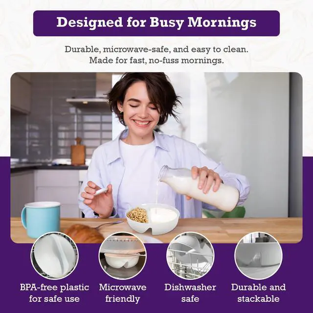 Alt view image 5 of 7 - 3 Pack - Just Crunch Anti-Soggy Cereal Bowl - Keeps Cereal Fresh & Crunchy | BPA Free | Microwave Safe | Ice Cream & Topping, Yogurt & Berries, Fries & Ketchup and More White, Large
