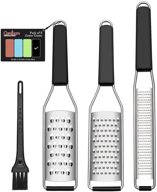 Main image of Lemon Zester Grater Three-piece Suit - Heavy Duty Kitchen Tool for Parmesan Cheese, Ginger, Garlic, Nutmeg, Chocolate, VegetablesFruitsStainless Steel Grater Dishwasher Safe Black