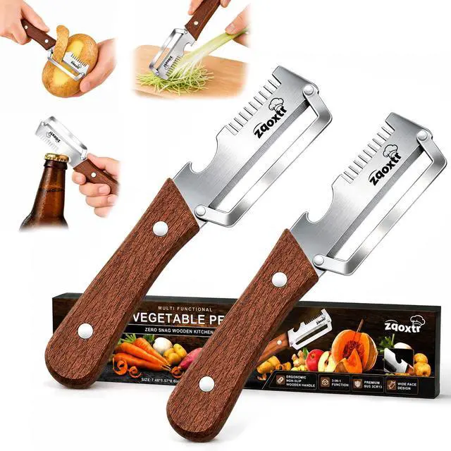 Main image of 3-in-1 Multifunctional Vegetable Peeler for Kitchen, Sharp Stainless Steel Blade with Wooden Handle, Scallion Shredder and Bottle Opener Fruit and Vegetables. 2Pcs