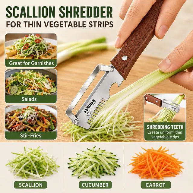 Alt view image 4 of 7 - 3-in-1 Multifunctional Vegetable Peeler for Kitchen, Sharp Stainless Steel Blade with Wooden Handle, Scallion Shredder and Bottle Opener Fruit and Vegetables. 2Pcs