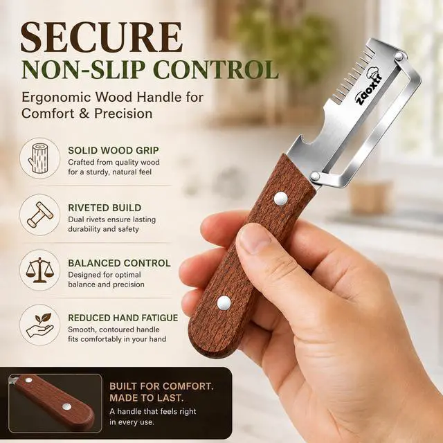 Alt view image 5 of 7 - 3-in-1 Multifunctional Vegetable Peeler for Kitchen, Sharp Stainless Steel Blade with Wooden Handle, Scallion Shredder and Bottle Opener Fruit and Vegetables. 2Pcs