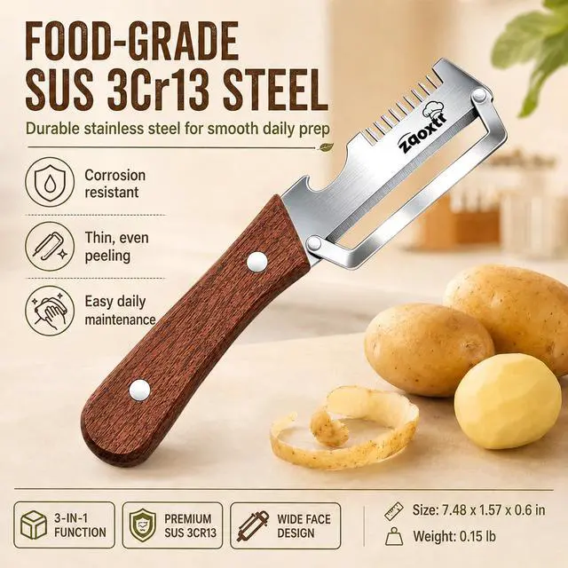 Alt view image 2 of 7 - 3-in-1 Multifunctional Vegetable Peeler for Kitchen, Sharp Stainless Steel Blade with Wooden Handle, Scallion Shredder and Bottle Opener Fruit and Vegetables. 2Pcs