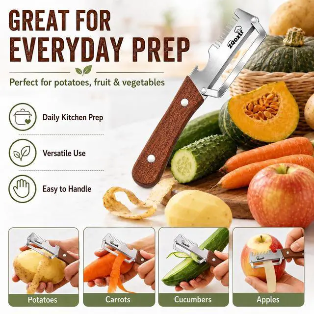 Alt view image 6 of 7 - 3-in-1 Multifunctional Vegetable Peeler for Kitchen, Sharp Stainless Steel Blade with Wooden Handle, Scallion Shredder and Bottle Opener Fruit and Vegetables. 2Pcs