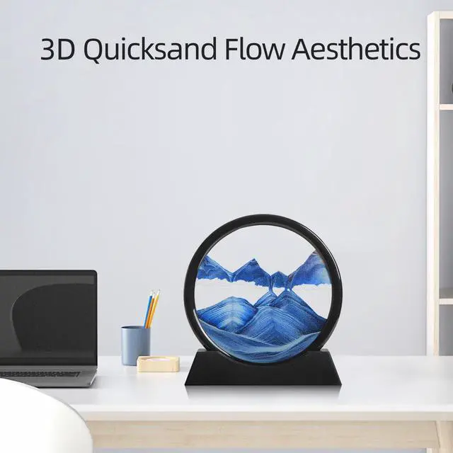 Alt view image 4 of 7 - Moving Sand Art Liquid Motion, 3D Deep Sea Sandscape Color Quicksand Decor, Round Glass Moving Sand Art Picture Relaxing Desktop Home Office Work Decor (Blue, 7 inch)