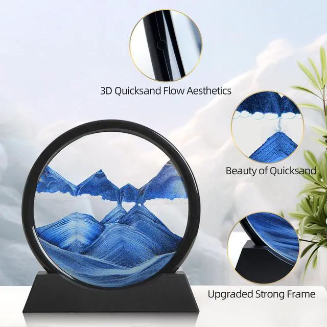 Alt view image 3 of 7 - Moving Sand Art Liquid Motion, 3D Deep Sea Sandscape Color Quicksand Decor, Round Glass Moving Sand Art Picture Relaxing Desktop Home Office Work Decor (Blue, 7 inch)