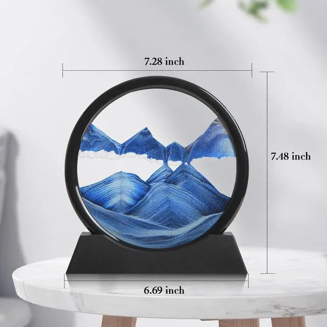 Alt view image 2 of 7 - Moving Sand Art Liquid Motion, 3D Deep Sea Sandscape Color Quicksand Decor, Round Glass Moving Sand Art Picture Relaxing Desktop Home Office Work Decor (Blue, 7 inch)
