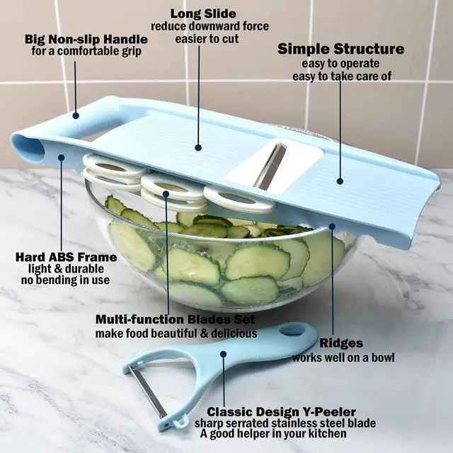 Alt view image 5 of 7 - Handheld Mandoline Slicer for Kitchen, Vegetable Slicer Multi Blade Potato Chip, Veggie shredder, Vegetable Cutter, Julienne Shredder and peeler For Small Job In Kitchen Blue