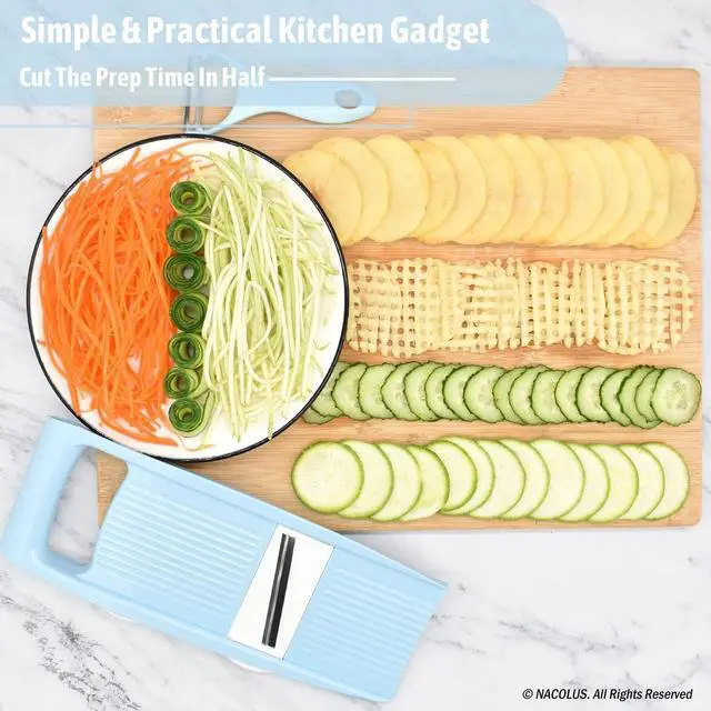 Alt view image 6 of 7 - Handheld Mandoline Slicer for Kitchen, Vegetable Slicer Multi Blade Potato Chip, Veggie shredder, Vegetable Cutter, Julienne Shredder and peeler For Small Job In Kitchen Blue