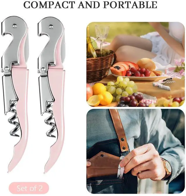 Alt view image 5 of 6 - 2-Pack Wine Opener Waiter Corkscrew, Professional Wine Key for Servers, Bartender with Foil Cutter, Manual Wine Bottle Opener Double Hinged (Pink)