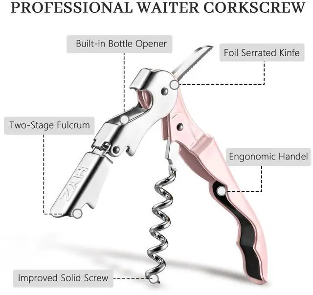Alt view image 2 of 6 - 2-Pack Wine Opener Waiter Corkscrew, Professional Wine Key for Servers, Bartender with Foil Cutter, Manual Wine Bottle Opener Double Hinged (Pink)