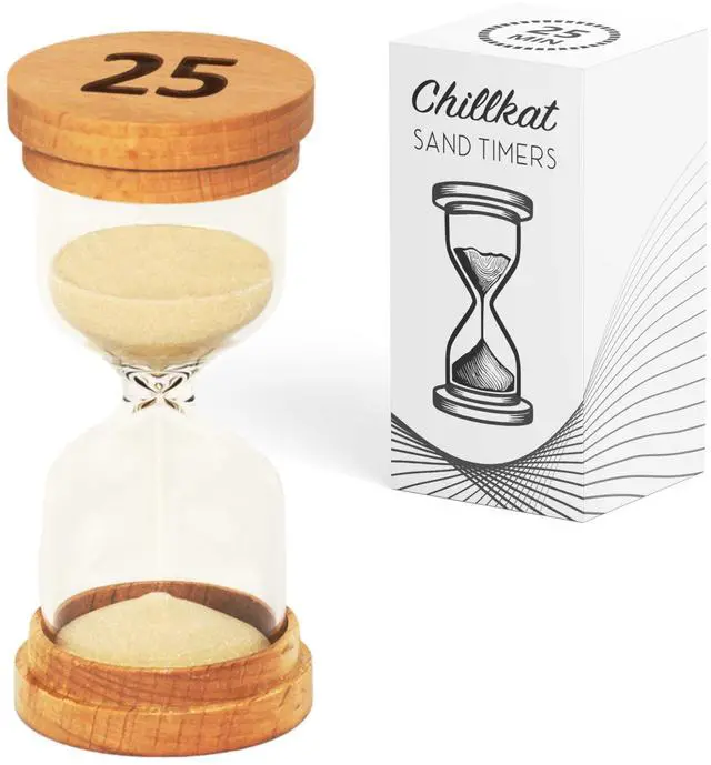 Main image of 25 Minute Sand Hourglass Timer - Glass Sand Clock 25 Min - Modern Hourglass Watch with Wooden End Caps for Kids, Games, Classroom, Kitchen, Home or Office Decor
