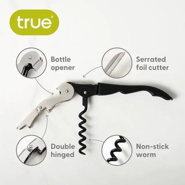 Alt view image 2 of 7 - Truetap Double Hinged Waiter's Corkscrew Wine Opener, Stainless Steel Wine Bottle Opener with Built In Foil Cutter, Home Bar Tools, Bar Cart Accessories, Wedding Gifts, Set of 1, Black