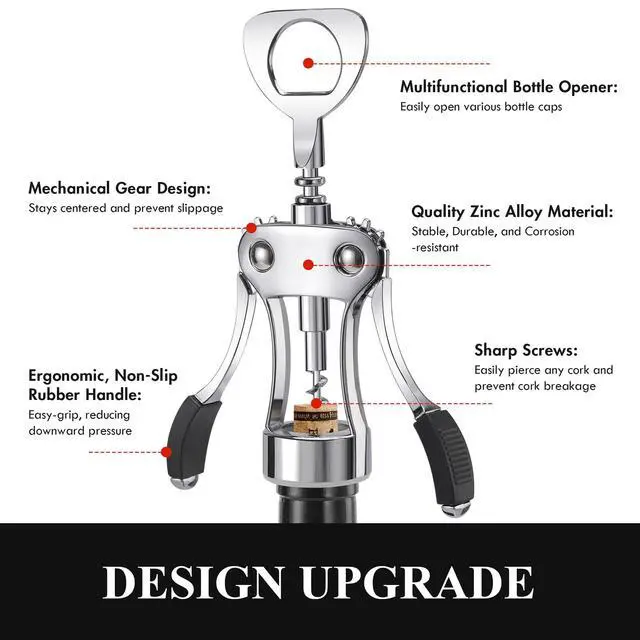 Alt view image 6 of 7 - Wine Opener, Heavy-Duty Zinc Alloy Wing Corkscrew, Premium Beer Bottle Opener, Multifunctional Wine Accessories with Ergonomic Handle and Sharp Screw, for Kitchen, Bar, Restaurant (SILVER)