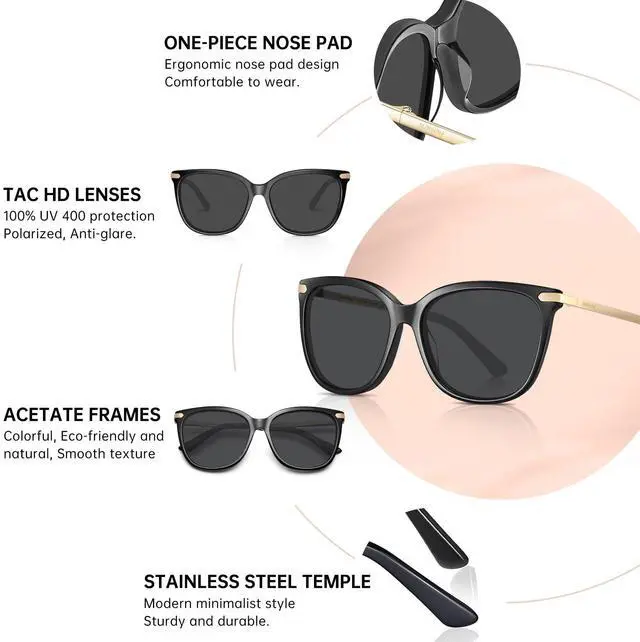 Alt view image 5 of 7 - Womens Oversized Polarized Sunglasses UV400 with Case - Lightweight Acetate Cat Eye Square Frame, Scratch Resistant, All Day Comfort for Driving